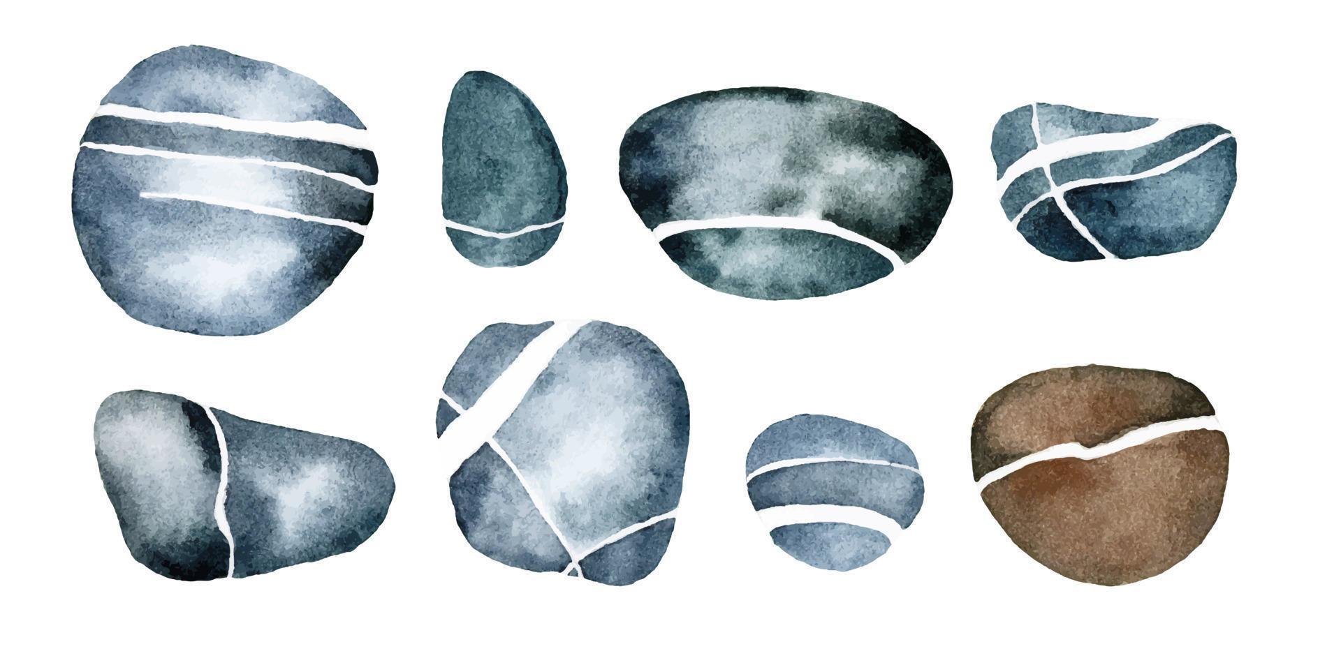 dibujo de acuarela. conjunto de piedras marinas de color gris azulado con vetas blancas, rayas. aislado en piedras de fondo blanco, guijarros de río vector