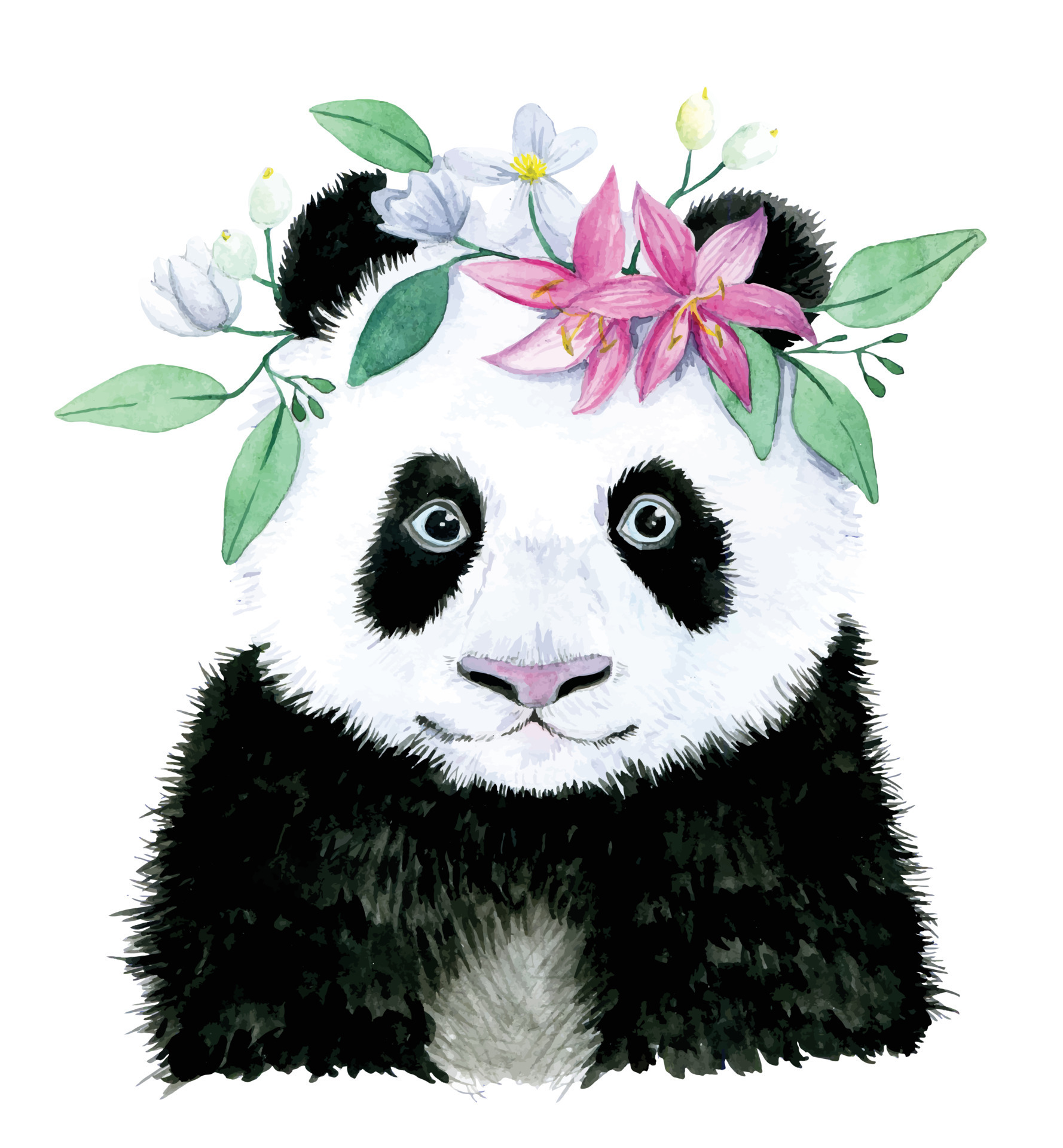 watercolor drawing. cute little panda with a wreath of flowers and leaves  portrait. cartoon drawing for children. clipart isolated on white  background 9770002 Vector Art at Vecteezy