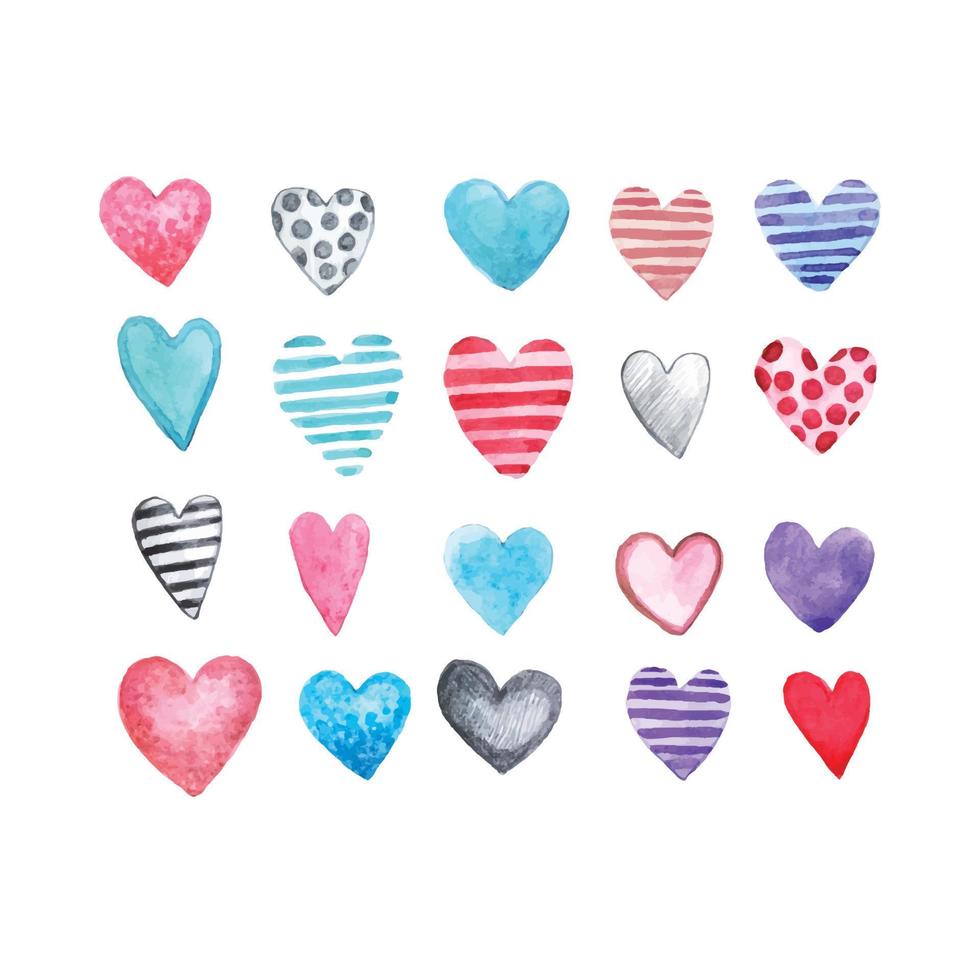 Cute watercolor drawing of pink, blue, purple hearts set. Bright clipart for Valentine's Day. Hearts with a simple striped pencil vector