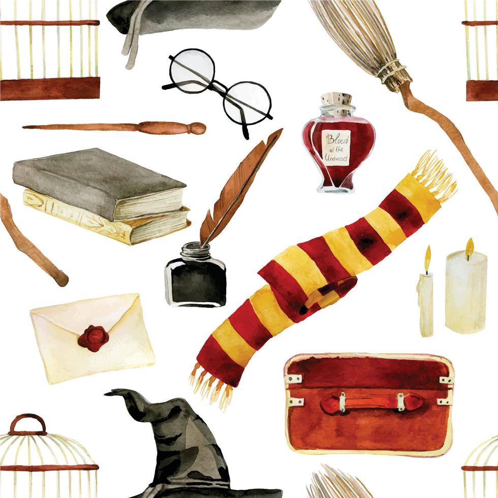 watercolor seamless pattern with magic items. witchcraft, school of wizards. vector