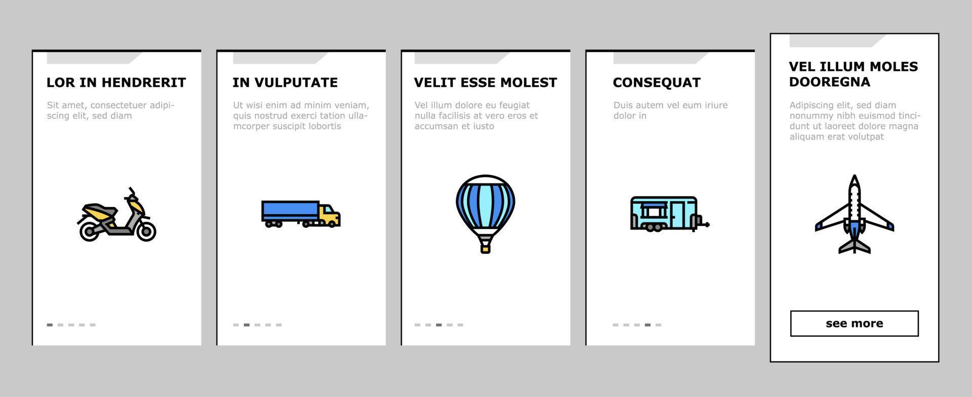 Transport For Riding And Flying Onboarding Icons Set Vector
