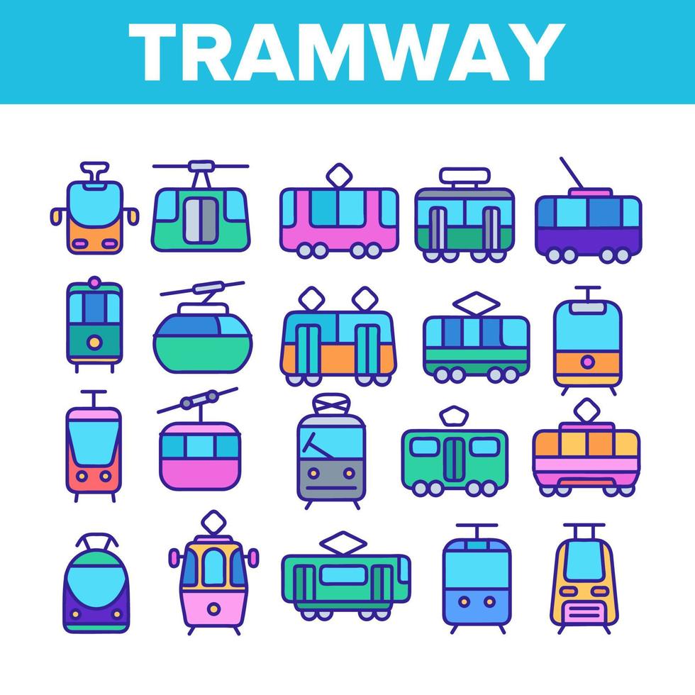 tranvía, conjunto de iconos de línea delgada de transporte urbano vector