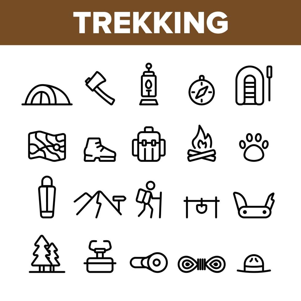 Trekking, Backpack Travel Vector Linear Icons Set