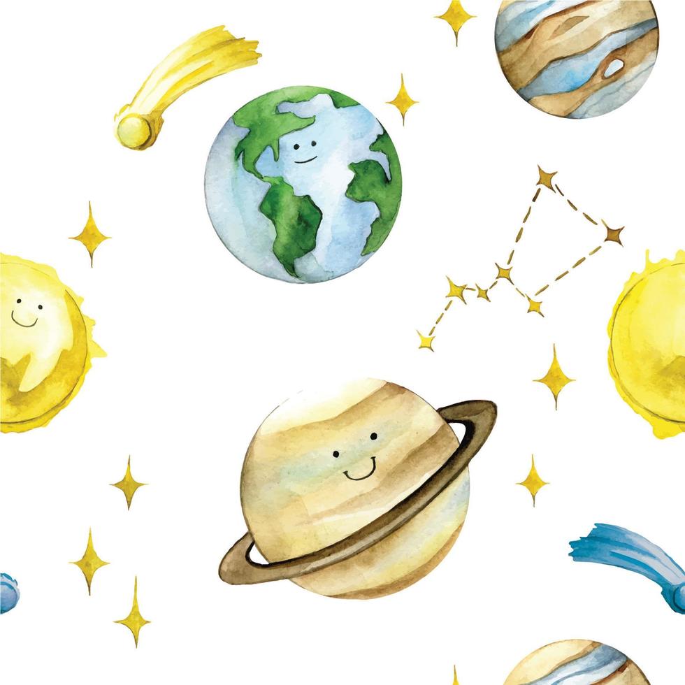 watercolor seamless pattern with planets and stars. cute print for kids smiling sun, moon, saturn. astranomy for children vector