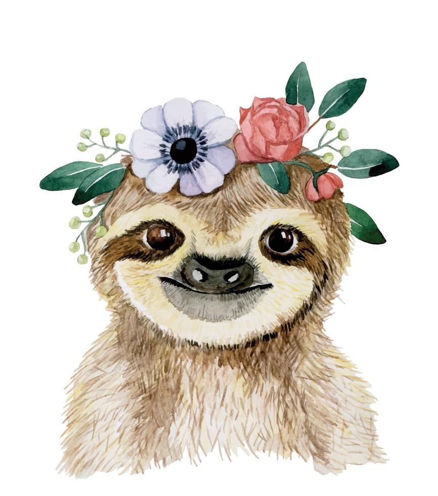 watercolour drawing, clipart. cute sloth with a wreath of flowers. tropical animals drawing for children. cute little sloth vector