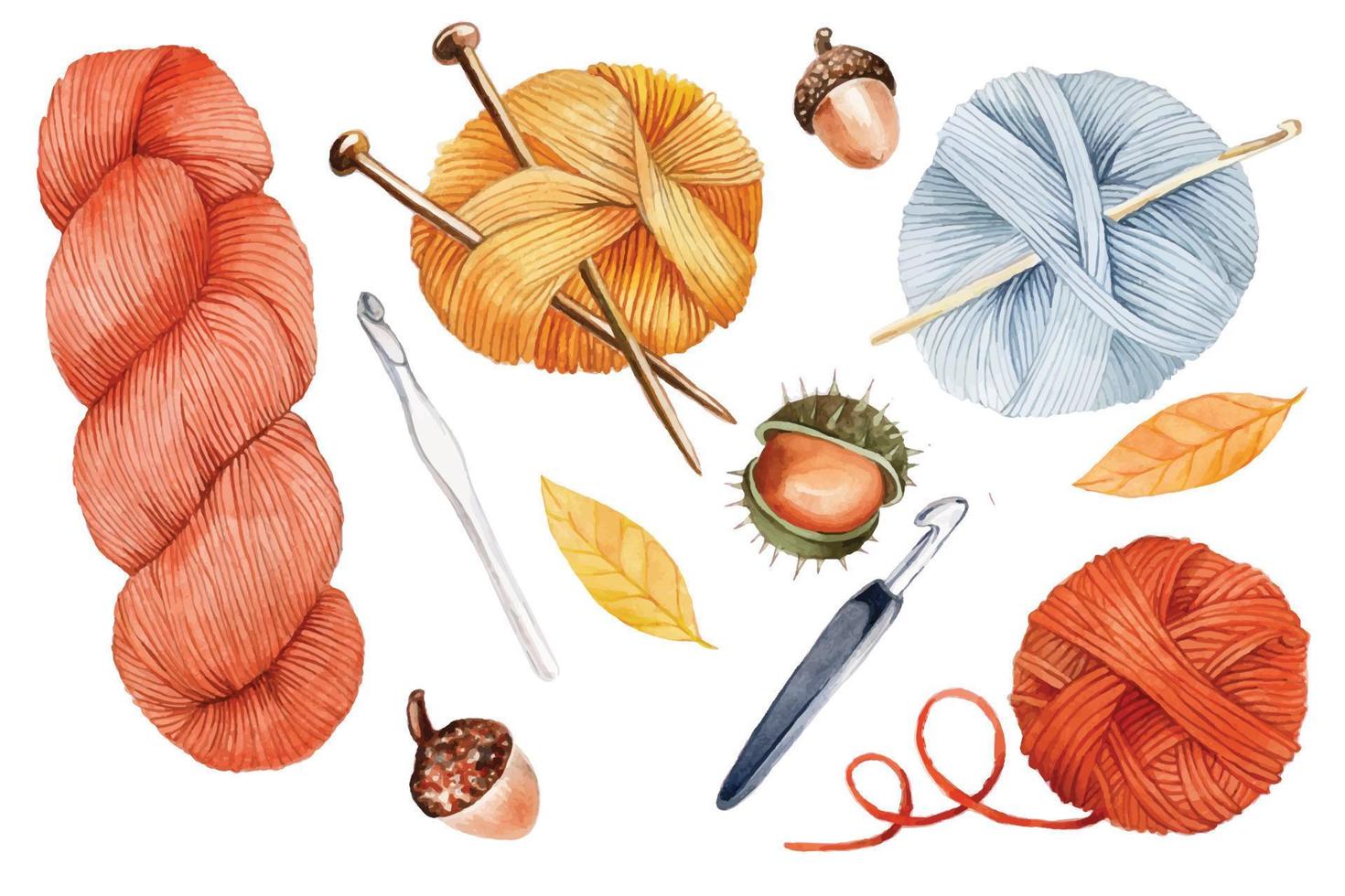 watercolor set of elements for knitting. balls of woolen yarn, skeins, knitting needles, crochet hook. autumn set of red yellow and orange flowers, cozy knitting, hobby, handmade. isolated on white vector