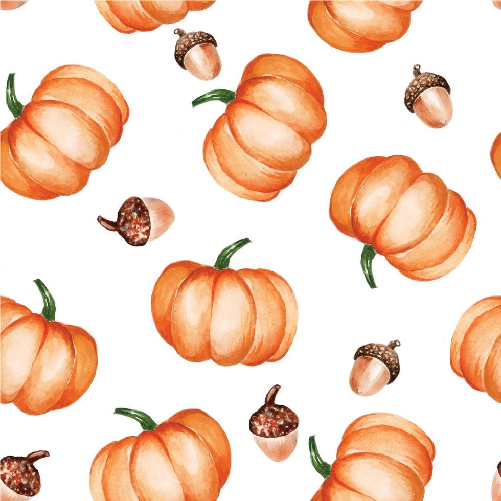 watercolor seamless pattern with orange pumpkins and acorns on a white background. autumn print for halloween and thanksgiving holidays vector