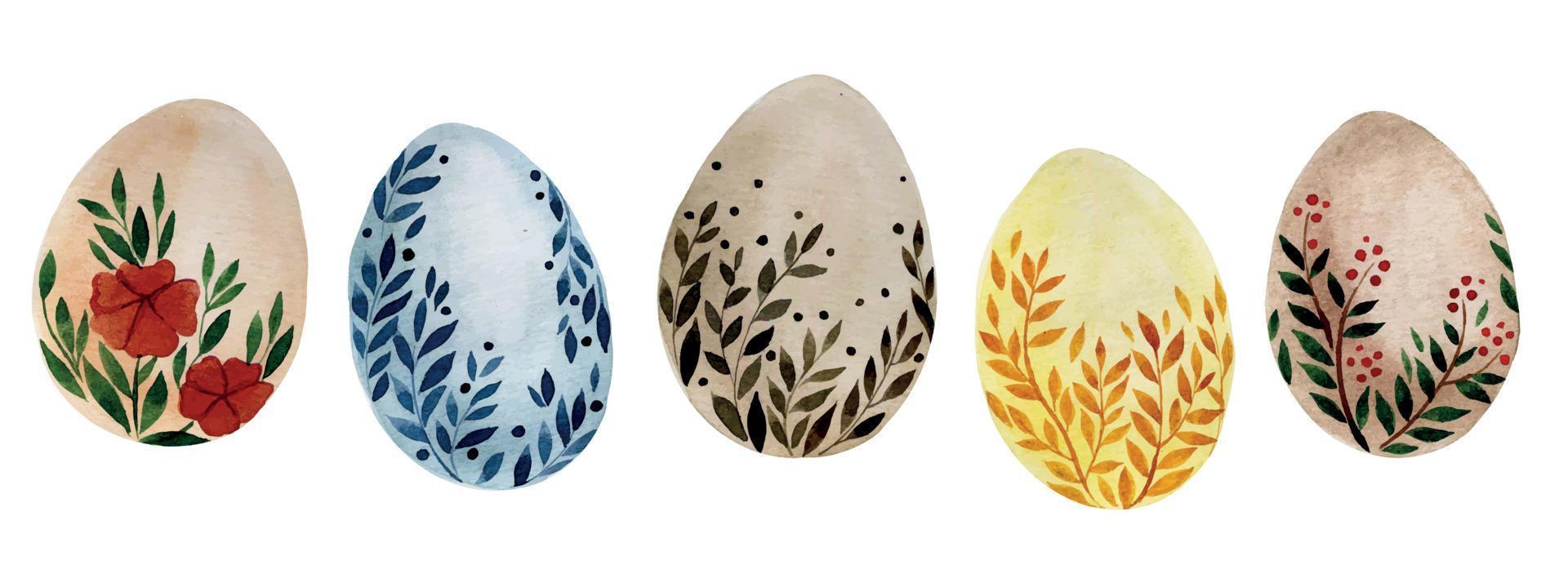 watercolor drawing by hands. set of Easter eggs. cute set with colored eggs with drawings of leaves and flowers. natural colors, boho style vector