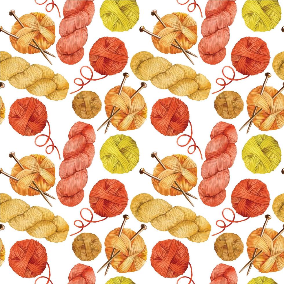 seamless watercolor pattern with balls of yarn for knitting. yarn of autumn colors of yellow, red and orange on a white background. crochet print and knitting, hobby, handmade. cozy background vector