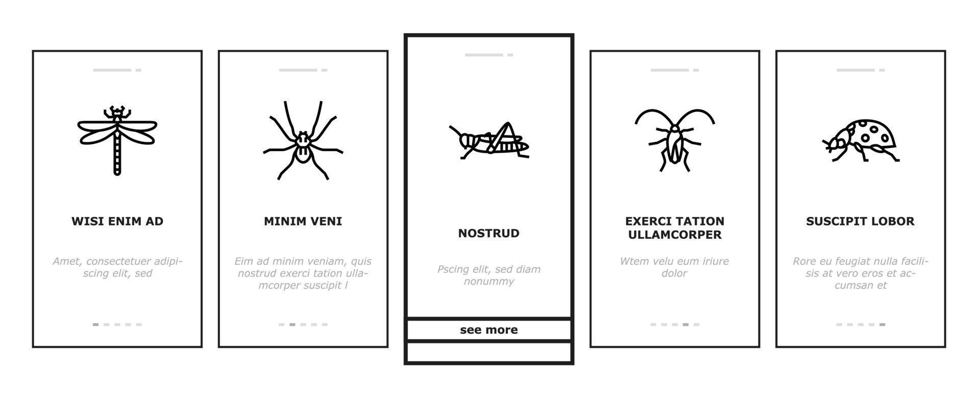 Insect, Spider And Bug Wildlife Onboarding Icons Set Vector