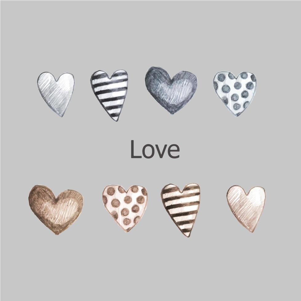 stock illustration set of my hand drawn hearts with simple striped pencil. gray and brown, seppia. isolated on gray background. concept love, wedding, valentines day. vector