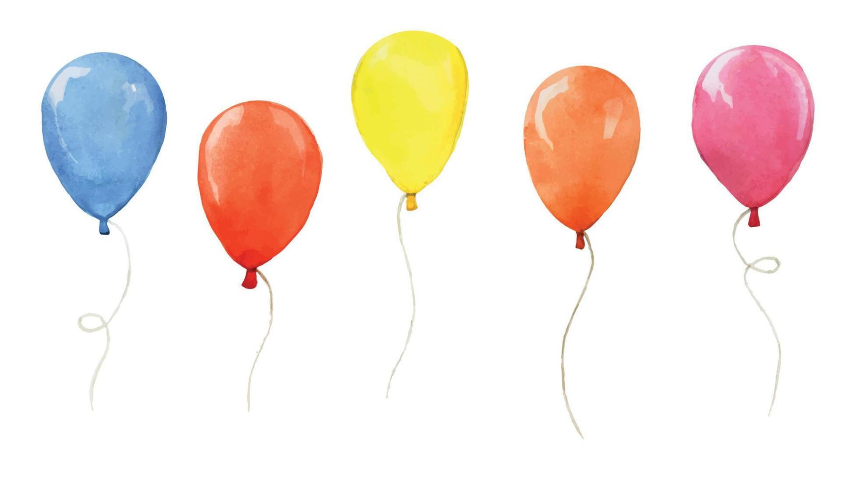 juego de acuarela con globos de colores aislados sobre fondo blanco. colección de globos festivos, decoración para las fiestas, cumpleaños. globos azul, rojo, naranja, rosa, amarillo vector