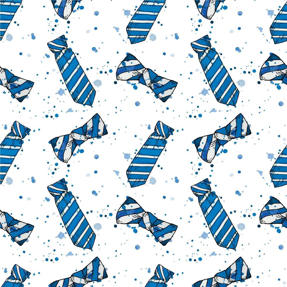 seamless pattern with bow tie and bow tie drawings. cute print for father's day. ties in blue stripes with abstract stains of paint on a white background. print for fabric, wrapping paper vector