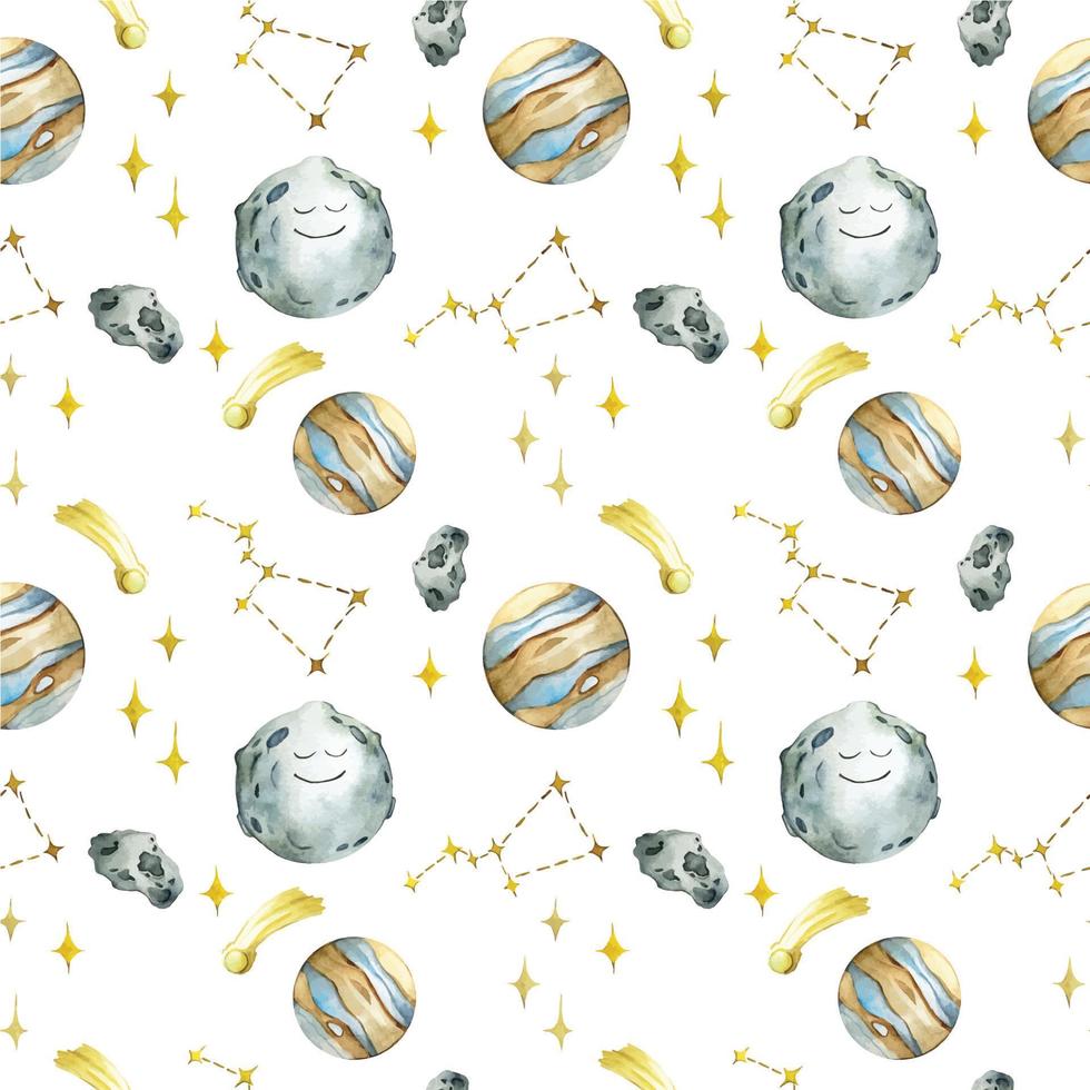 watercolor seamless pattern with planets and stars on a white background. cute print for kids with space, constellations, moon, saturn, comets. smiling characters, sleep and night theme. vector