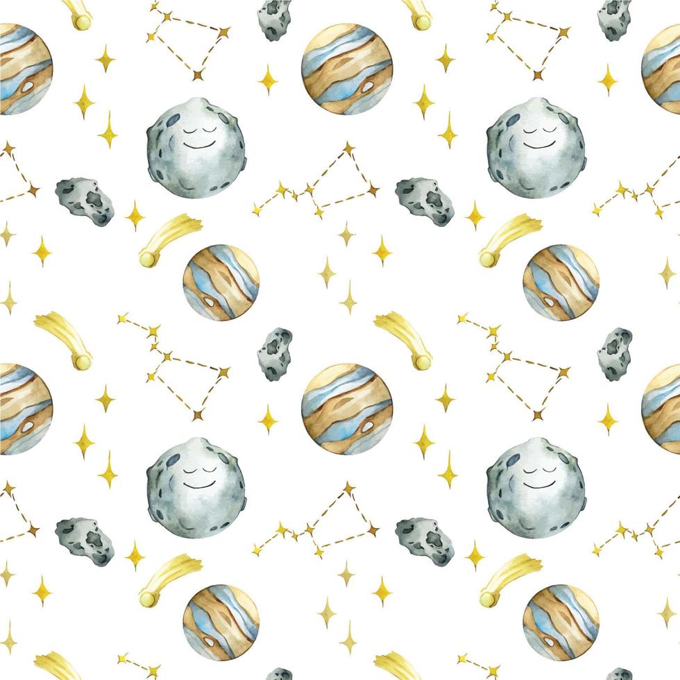 watercolor seamless pattern with planets and stars on a white background. cute print for kids with space, constellations, moon, saturn, comets. smiling characters, sleep and night theme. vector