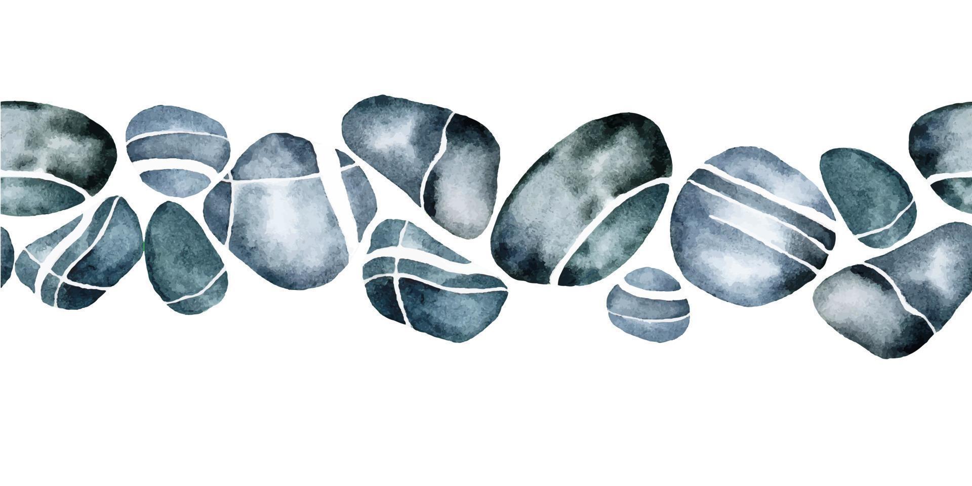 watercolor drawing. seamless border of sea stones. river pebbles, blue-gray with white veins, stripes. web banner, frame, border. isolated on white background vector