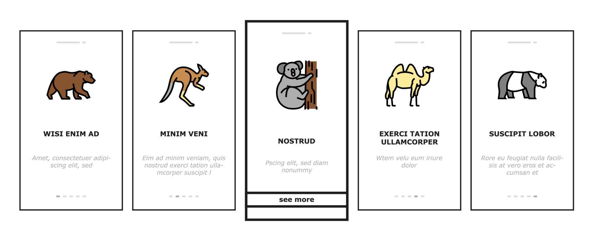 Zoo Animals, Birds And Snakes Onboarding Icons Set Vector