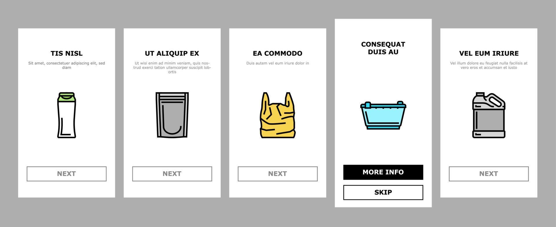 Plastic Accessories And Utensil Onboarding Icons Set Vector