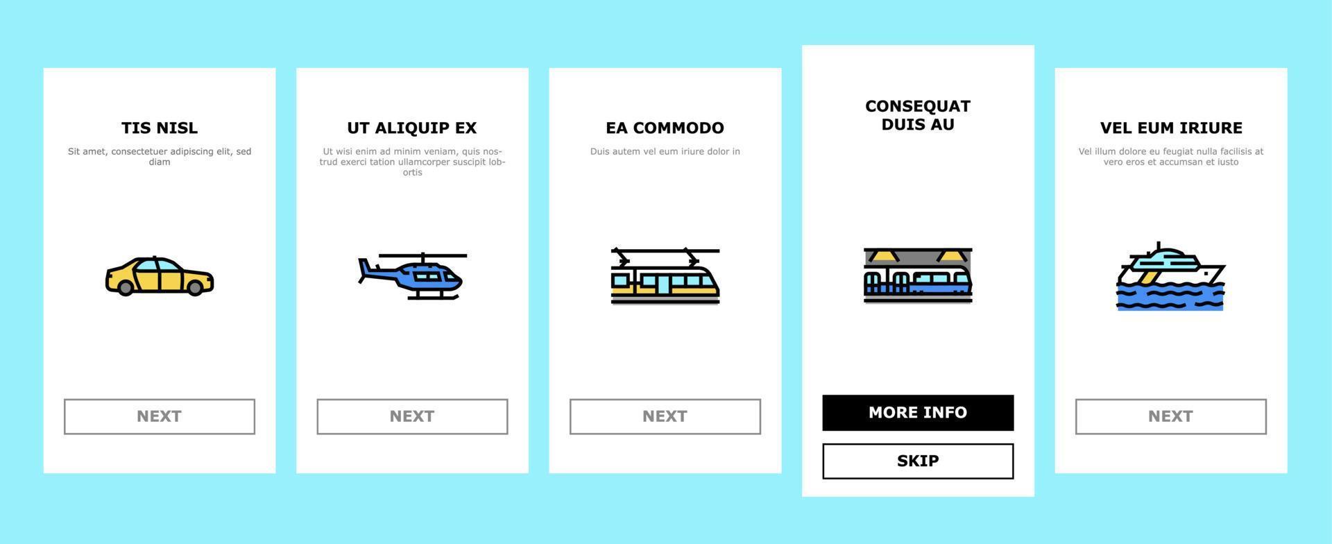 Transport For Riding And Flying Onboarding Icons Set Vector