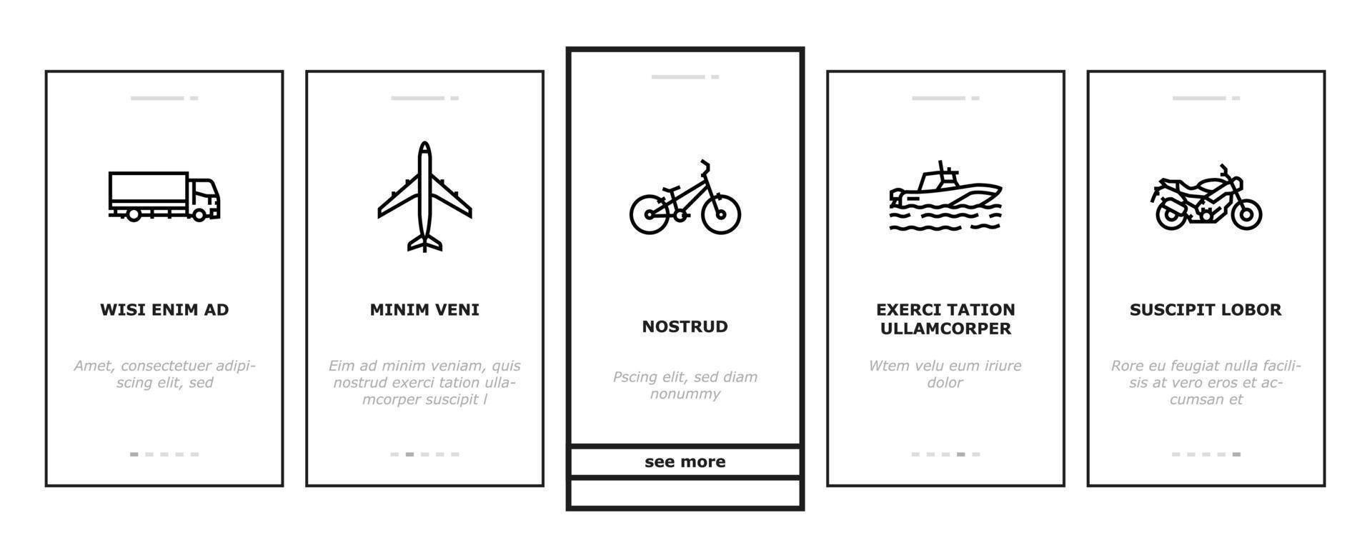 Transport For Riding And Flying Onboarding Icons Set Vector