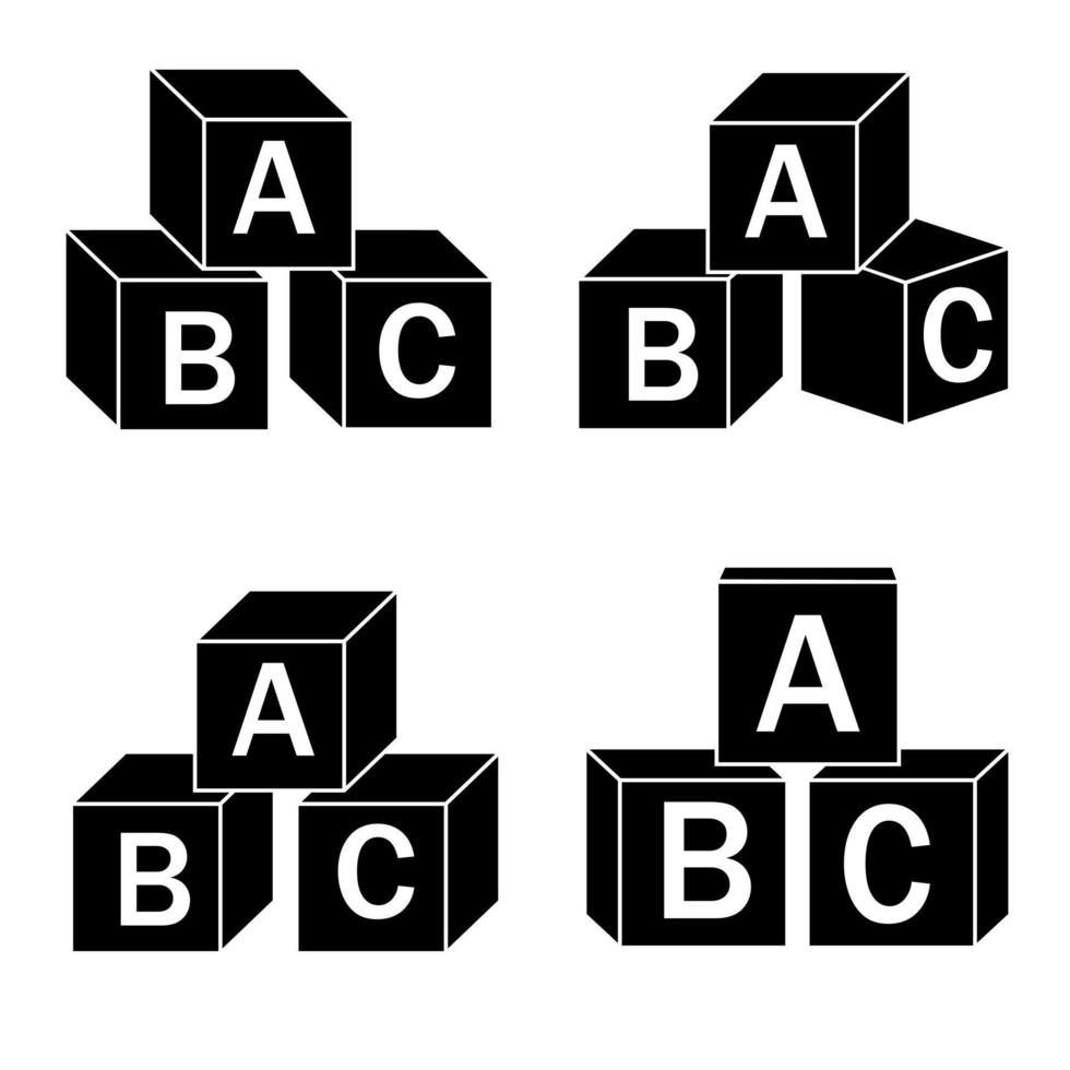 Wooden alphabet cubes with letters A, B, C, black icon, vector isolated illustration