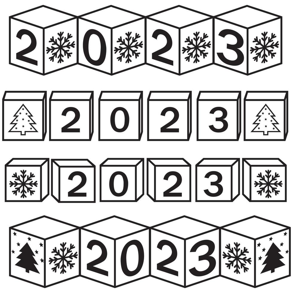 Calendar for Christmas, new year made of cubes with the number 2023, vector illustration black contour doodle