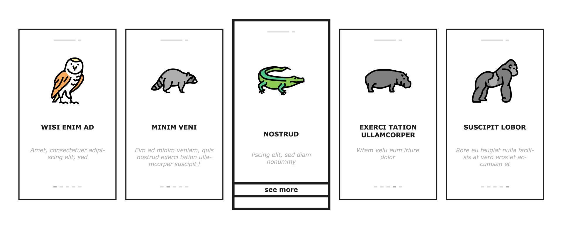 Wild Animals, Bugs And Birds Onboarding Icons Set Vector