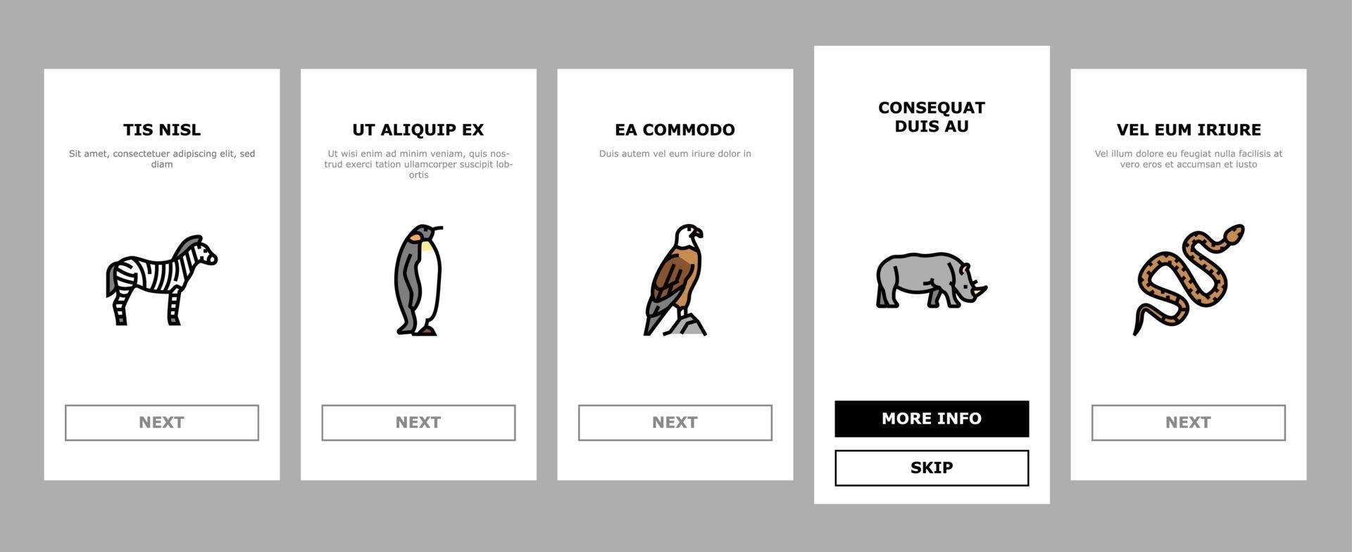 Zoo Animals, Birds And Snakes Onboarding Icons Set Vector