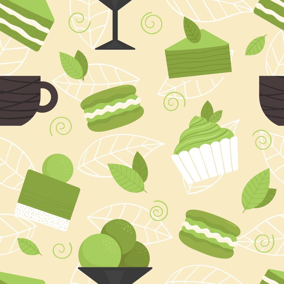 Seamless pattern with matcha tea elements. Traditional Japanese tea ceremony. Healthy lifestyle, harmony. An invigorating drink. Illustration in flat style vector