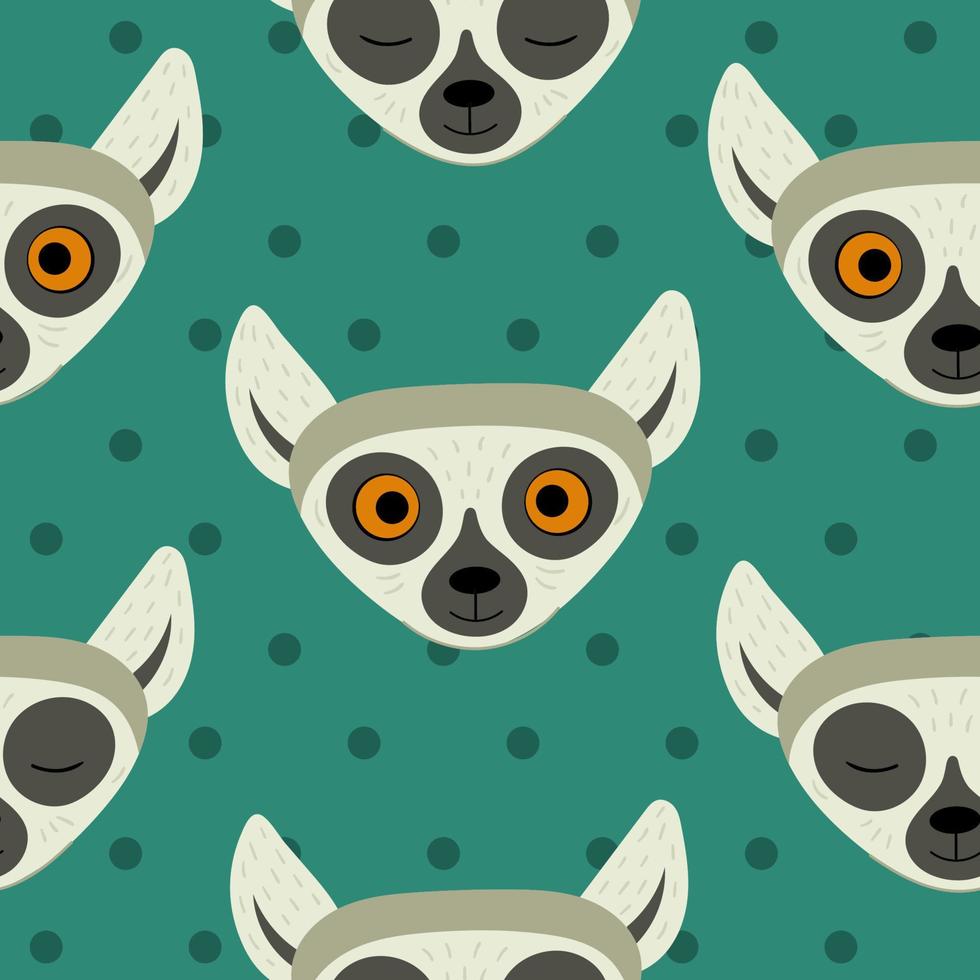 Seamless pattern with heads of lemurs. Exotic cute animals of madagascar and africa. Vector illustration in flat style