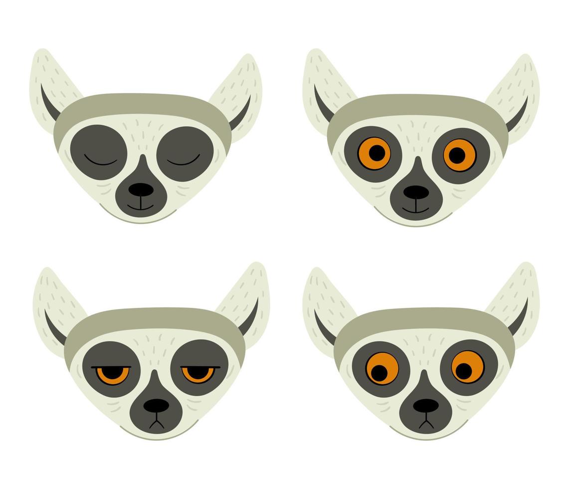 Set of exotic cute lemur. Animals of Madagascar and Africa. Vector childrens illustration in flat style