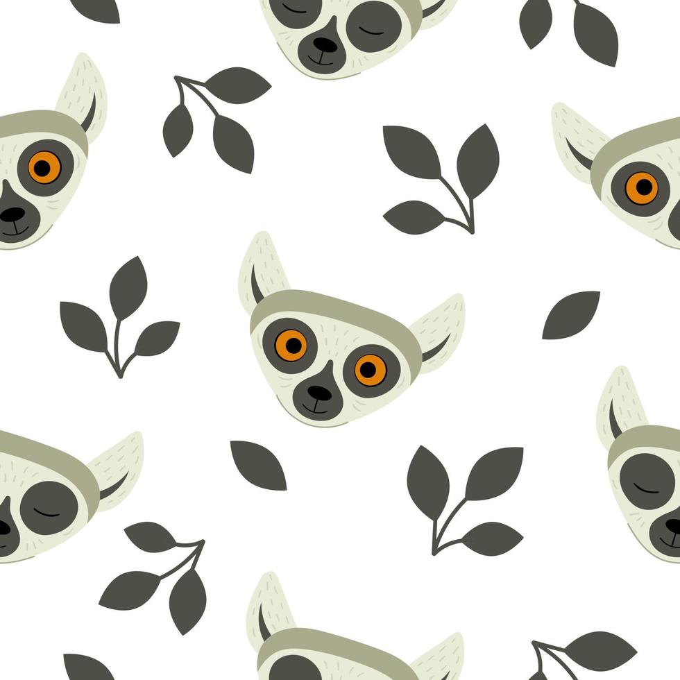 Seamless pattern with heads of lemurs on a dark background. Exotic cute animals of madagascar and africa. Vector illustration in flat style