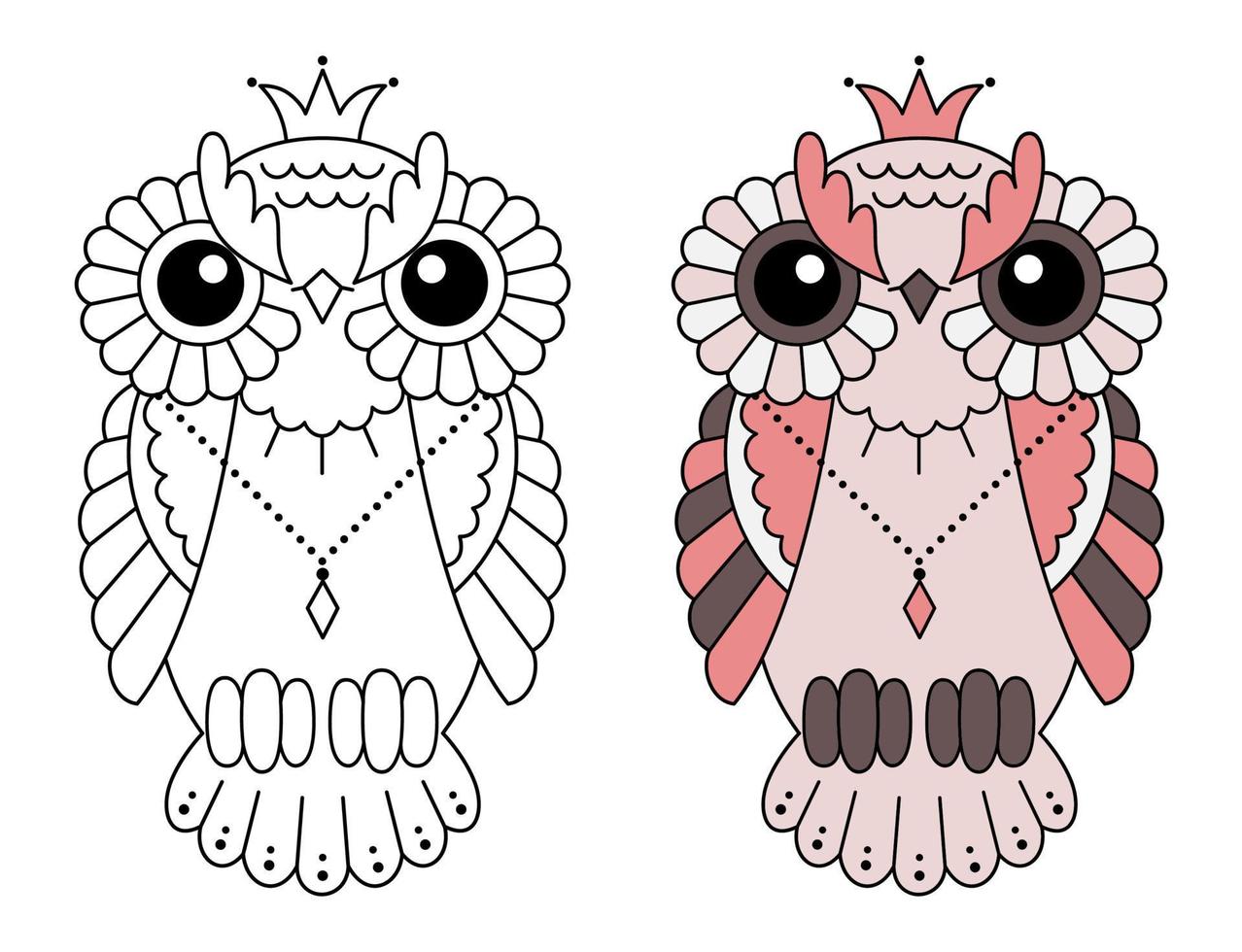 Magic stylized zentangle owl, doodle illustration for coloring. Decorative wild bird. Black outline on white background vector