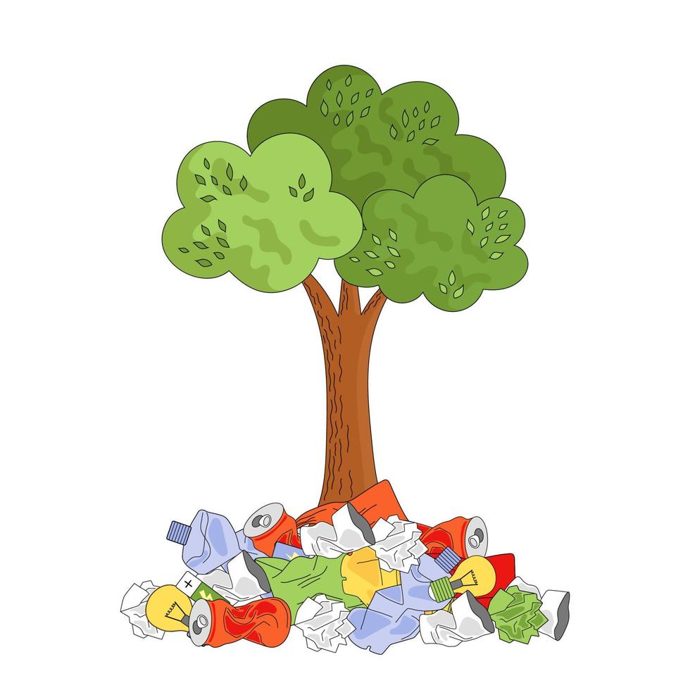 un árbol en un montón de basura. concepto de ecología, reciclaje de basura, eliminación de residuos. ilustración vectorial aislado sobre fondo blanco. vector