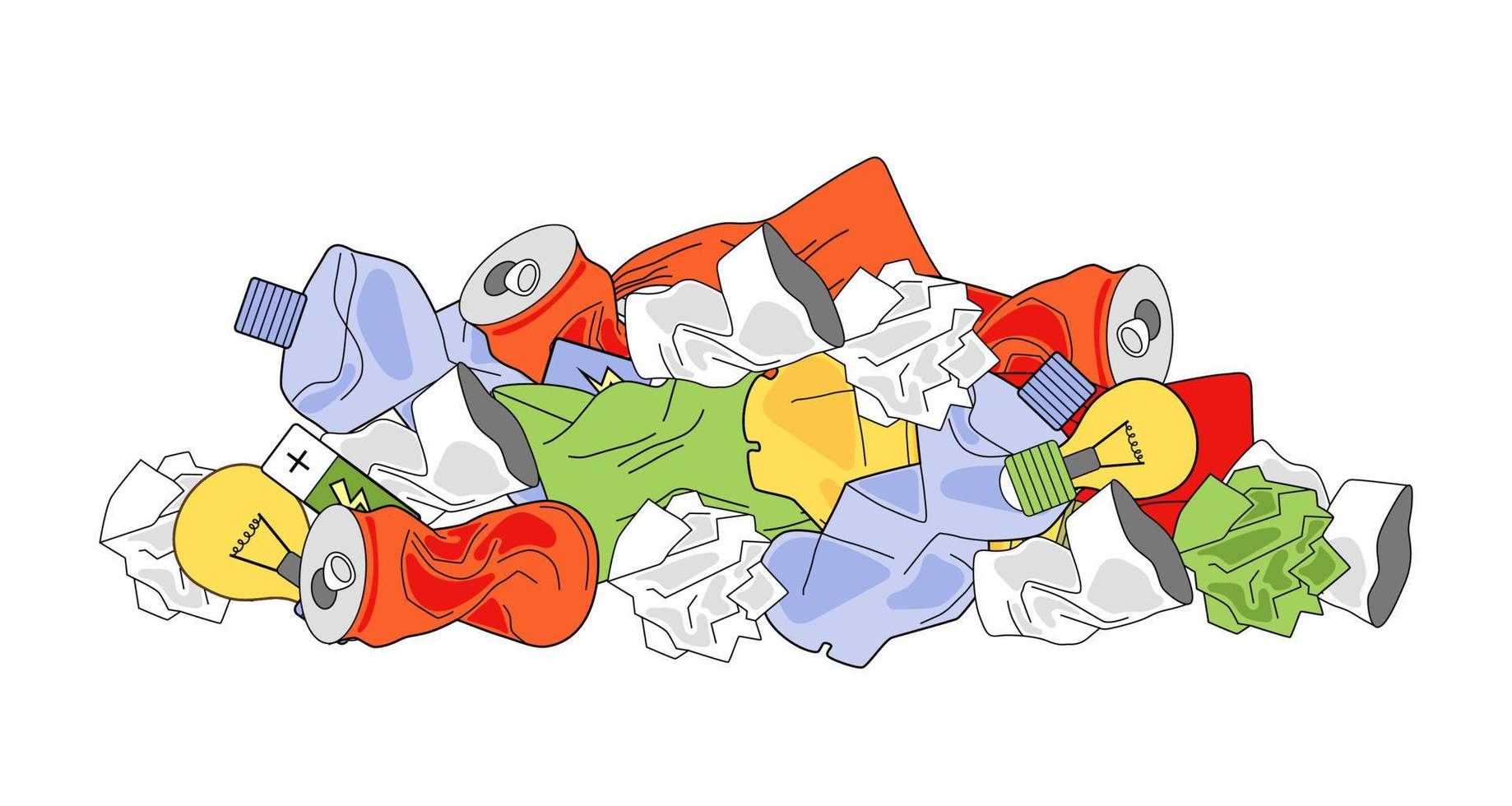 A pile of rubbish. Ecology concept, garbage recycling, waste disposal. Vector illustration isolated on white background.