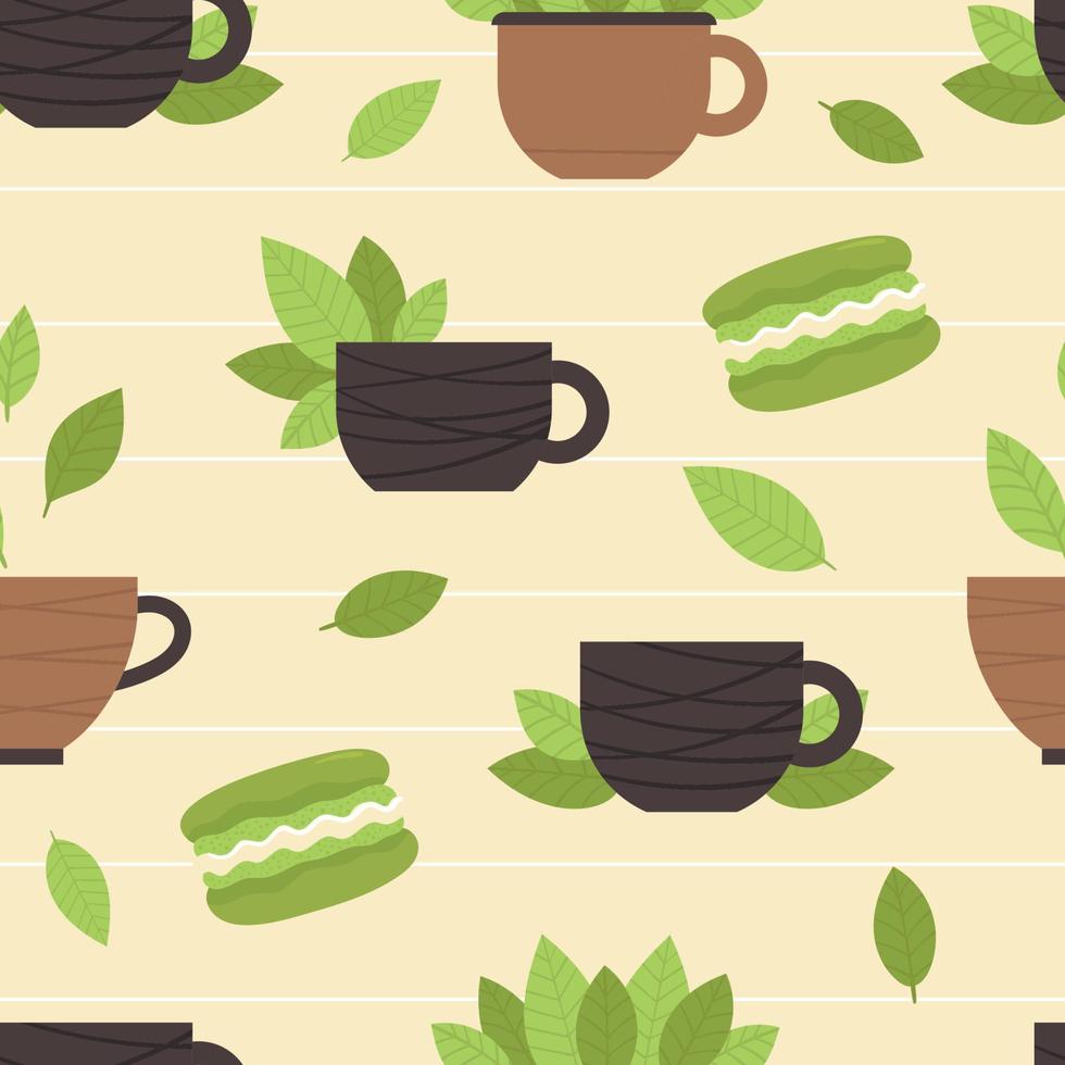 patrón impecable con elementos de té matcha. ceremonia del té tradicional japonesa. estilo de vida saludable, armonía. una bebida vigorizante. ilustración en estilo plano vector