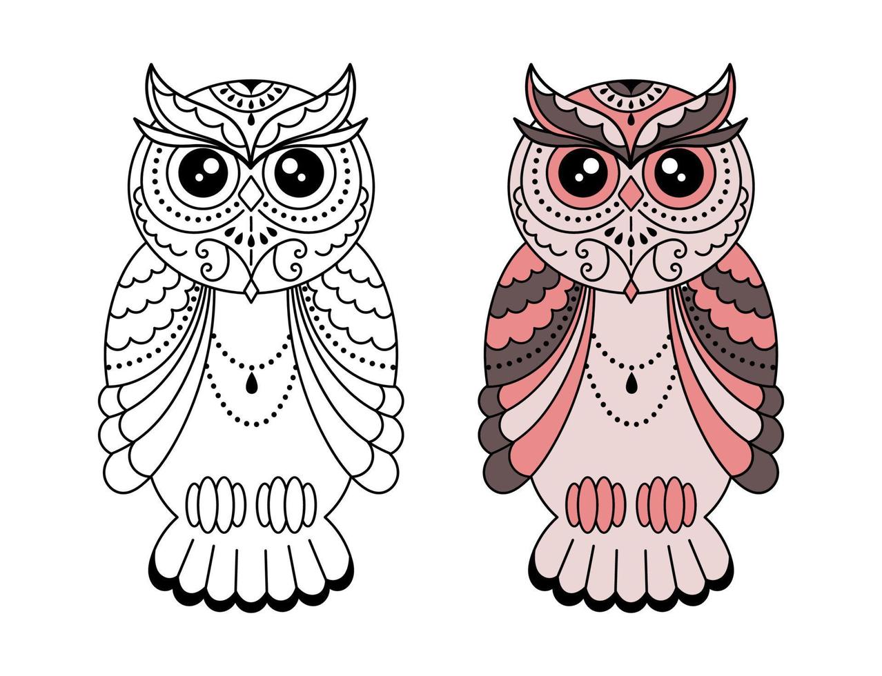 Magic stylized zentangle owl, doodle illustration for coloring. Decorative wild bird. Black outline on white background vector