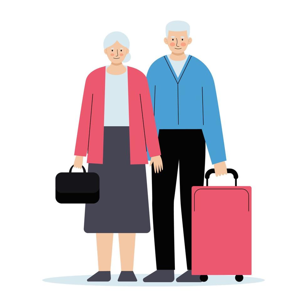 Senior couple with luggage at the airport. Travel concept, seniors vacation. Vector illustration in flat style isolated on white background.