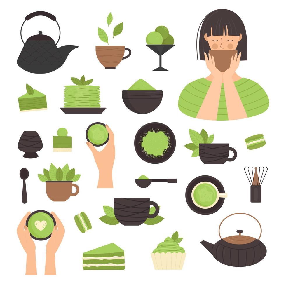 Matcha tea, set of elements. Japanese traditional tea ceremony. Green tea, healthy food, desserts, cups, teapots. Illustration in flat style vector