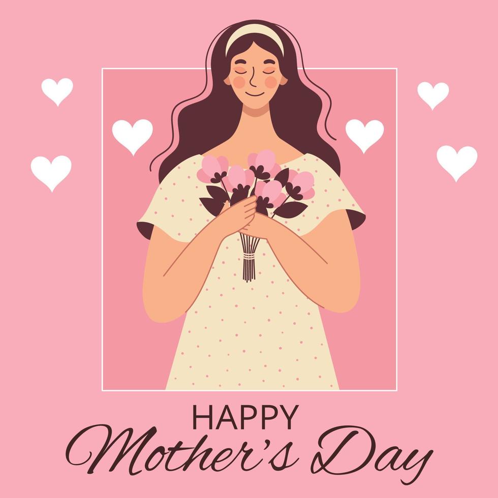 Greeting card for mother's day, birthday or international women's day. Woman with flowers. Flat vector illustration