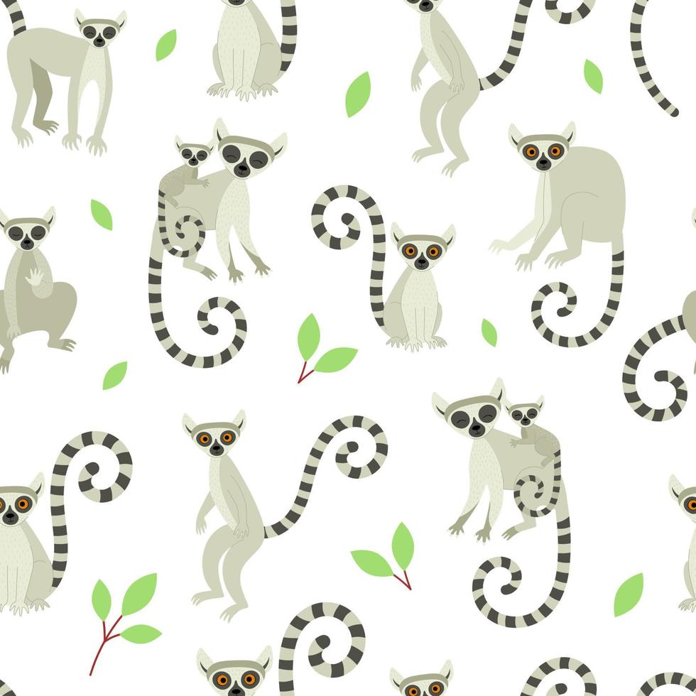 patrón sin costuras con lémures sobre un fondo blanco. lindos animales exóticos de madagascar y áfrica. ilustración vectorial en estilo plano vector