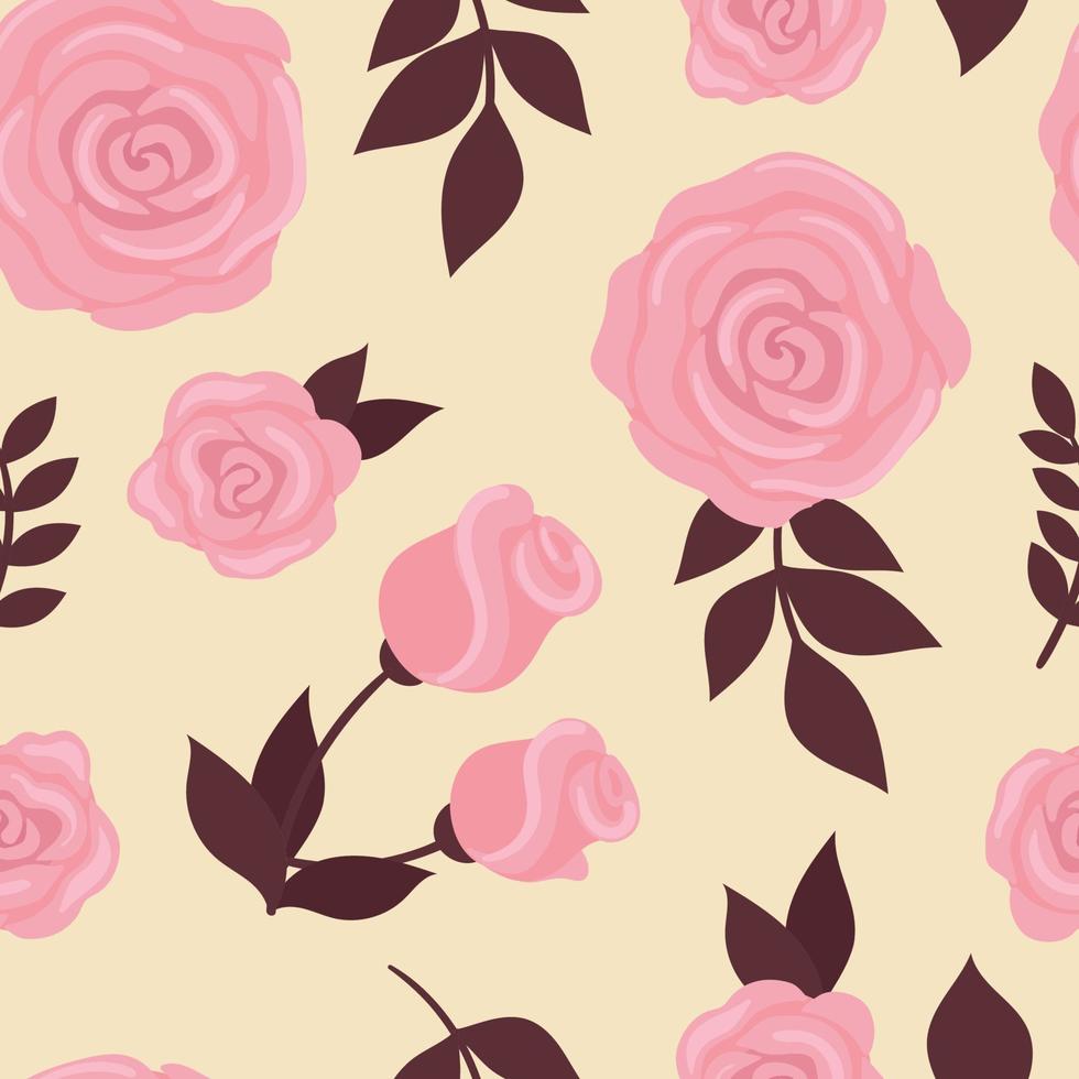 Cute seamless pattern with pink roses and buds. Beautiful spring flowers, packaging design, wedding decoration. Flat illustration vector