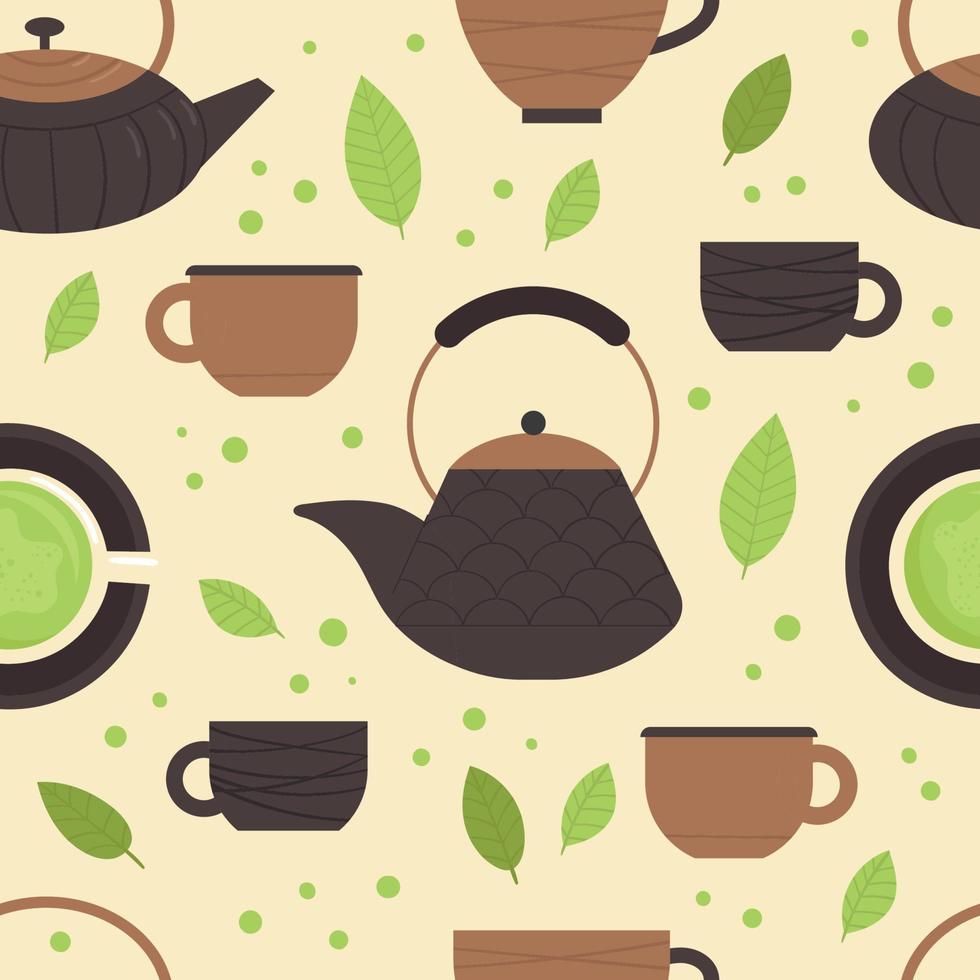 patrón impecable con elementos de té matcha. ceremonia del té tradicional japonesa. estilo de vida saludable, armonía. una bebida vigorizante. ilustración en estilo plano vector