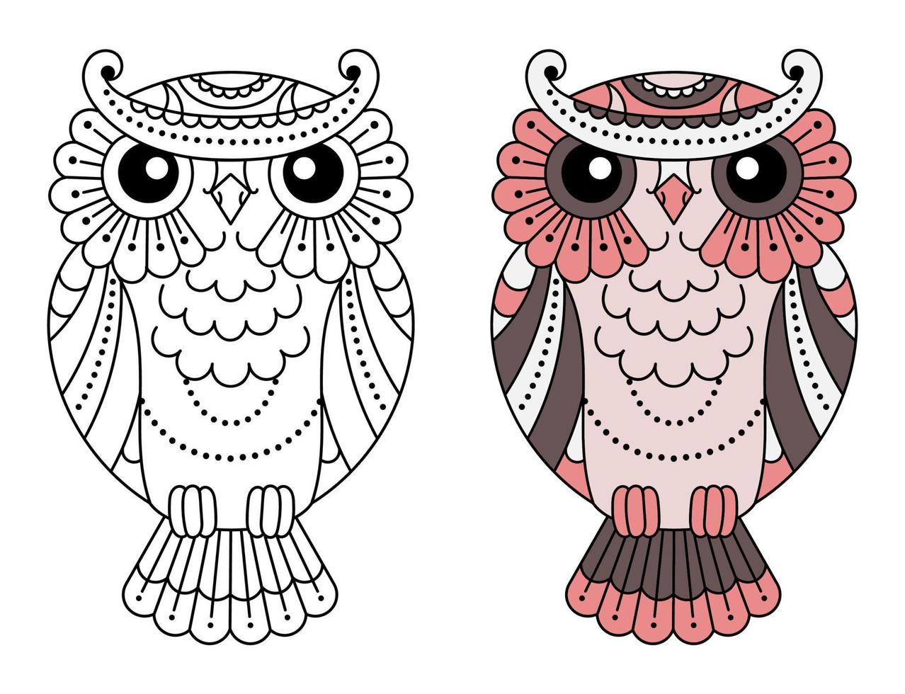 Magic stylized zentangle owl, doodle illustration for coloring. Decorative wild bird. Black outline on white background vector