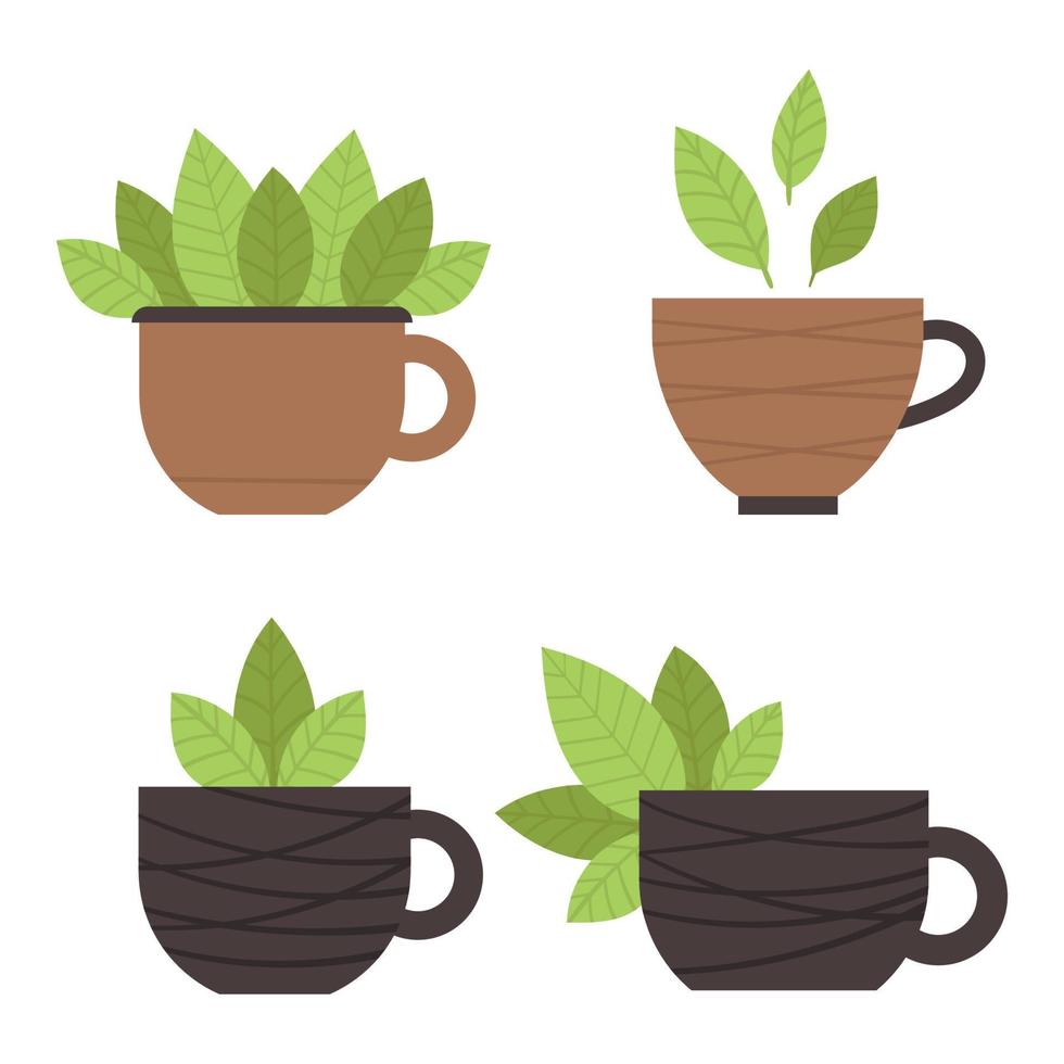 Set of tea cups with green leaves. Matcha tea. Elements for the design of a cafe, menu, restaurant. Traditional Japanese tea ceremony. Illustration in a flat style. vector