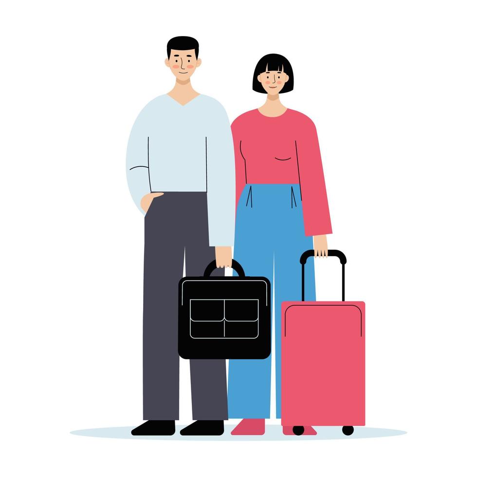 pareja viajera de jóvenes. hombre y mujer con equipaje en el aeropuerto. ilustración vectorial en estilo plano vector