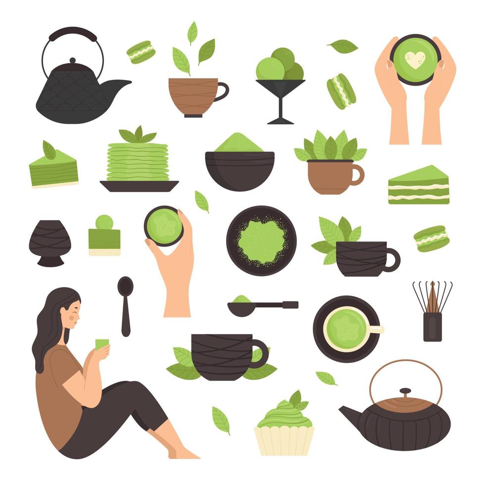 Matcha tea, set of elements. Japanese traditional tea ceremony. Green tea, healthy food, desserts, cups, teapots. Illustration in flat style vector