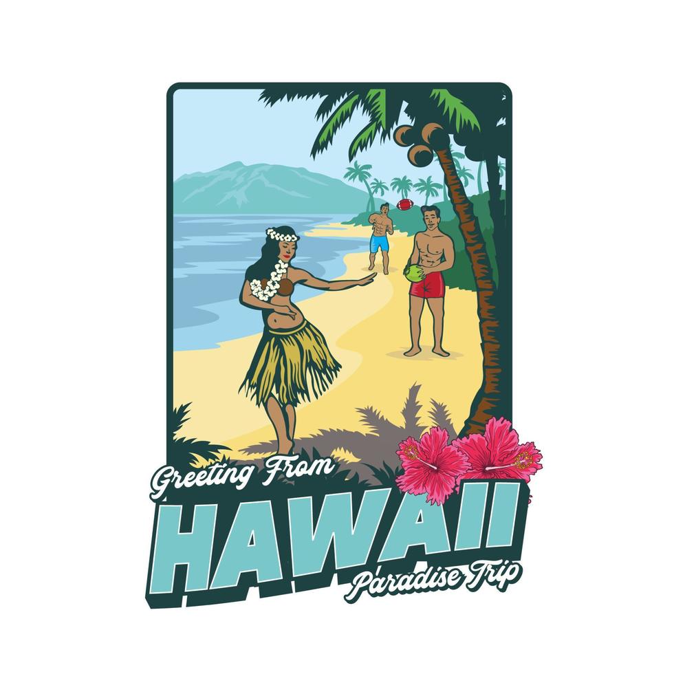 chica de baile hula con dos hombres en la playa de hawaii, buena para el diseño de camisetas vector