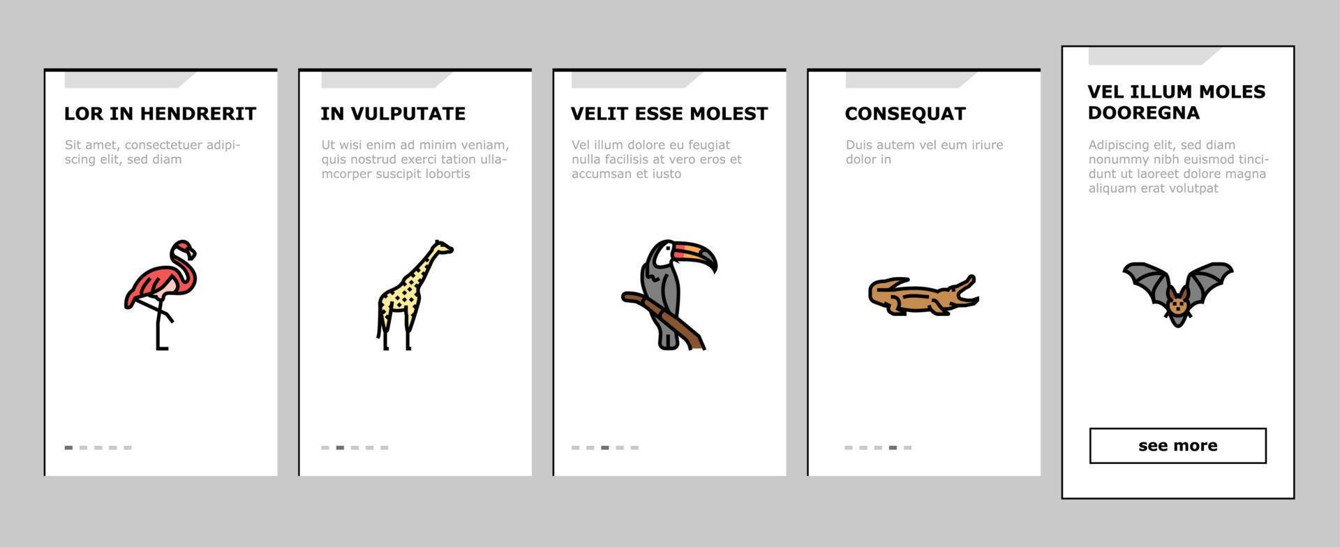 Zoo Animals, Birds And Snakes Onboarding Icons Set Vector