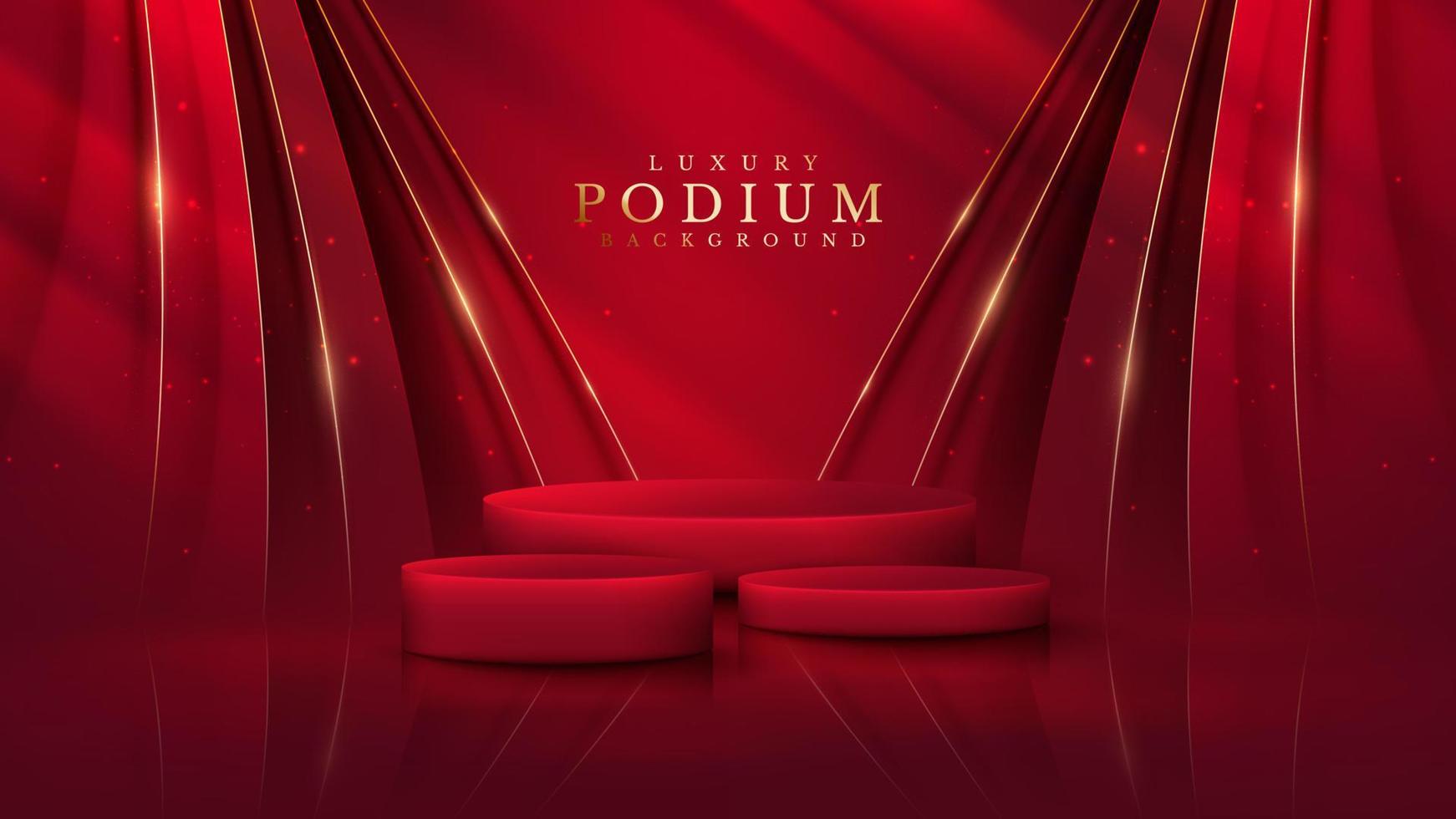 Red color podium with ribbon elements and gold lines with glitter light effect decoration and bokeh. vector